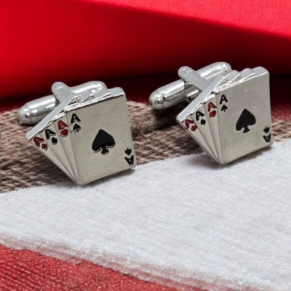 Four Aces Cufflinks Men's Tuxedo Prom Wedding Formal Poker Player Texas Hold Em - Picture 4 of 6